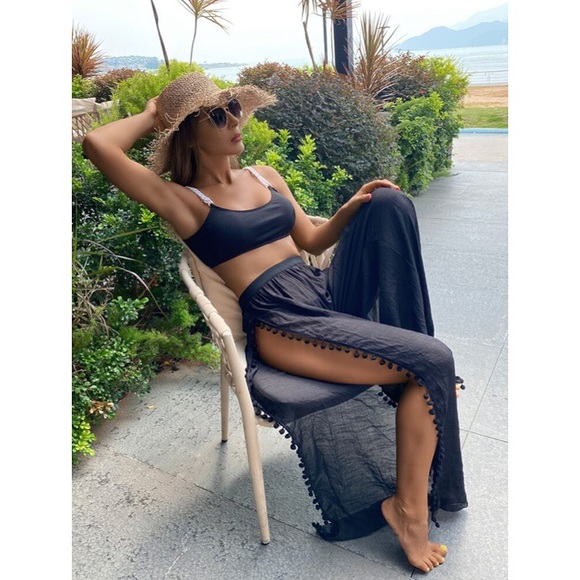 π€ TALL BLACK POM POM SLIT HIGH WAIST BEACH PANTS! - Picture 6 of 11